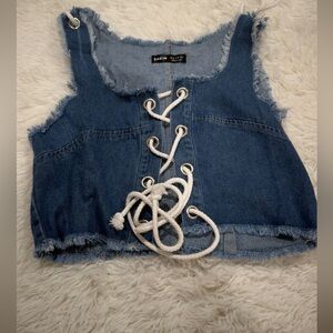 SHEIN Blue Denim Lace-Up Frayed Crop Top